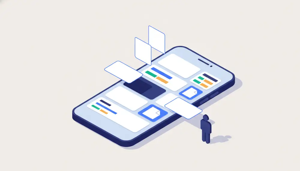 Portal do cliente em um celular, com documentos organizados saindo da tela para o usuário