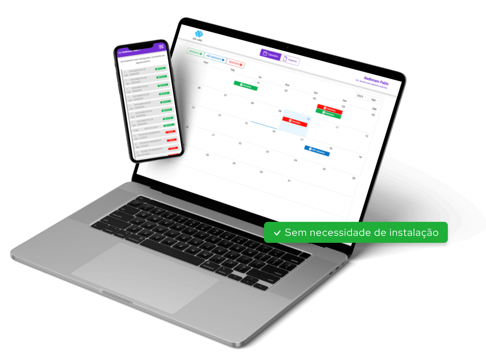 Painel do Cliente do Contlabs no notebook e no celular: calendário de obrigações com marcações de baixados, não baixados e vencidos